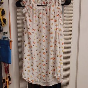 Chic Soul Colorful Print Sleeveless Blouse w/ Ruffles at Sleeves & Collar, Large